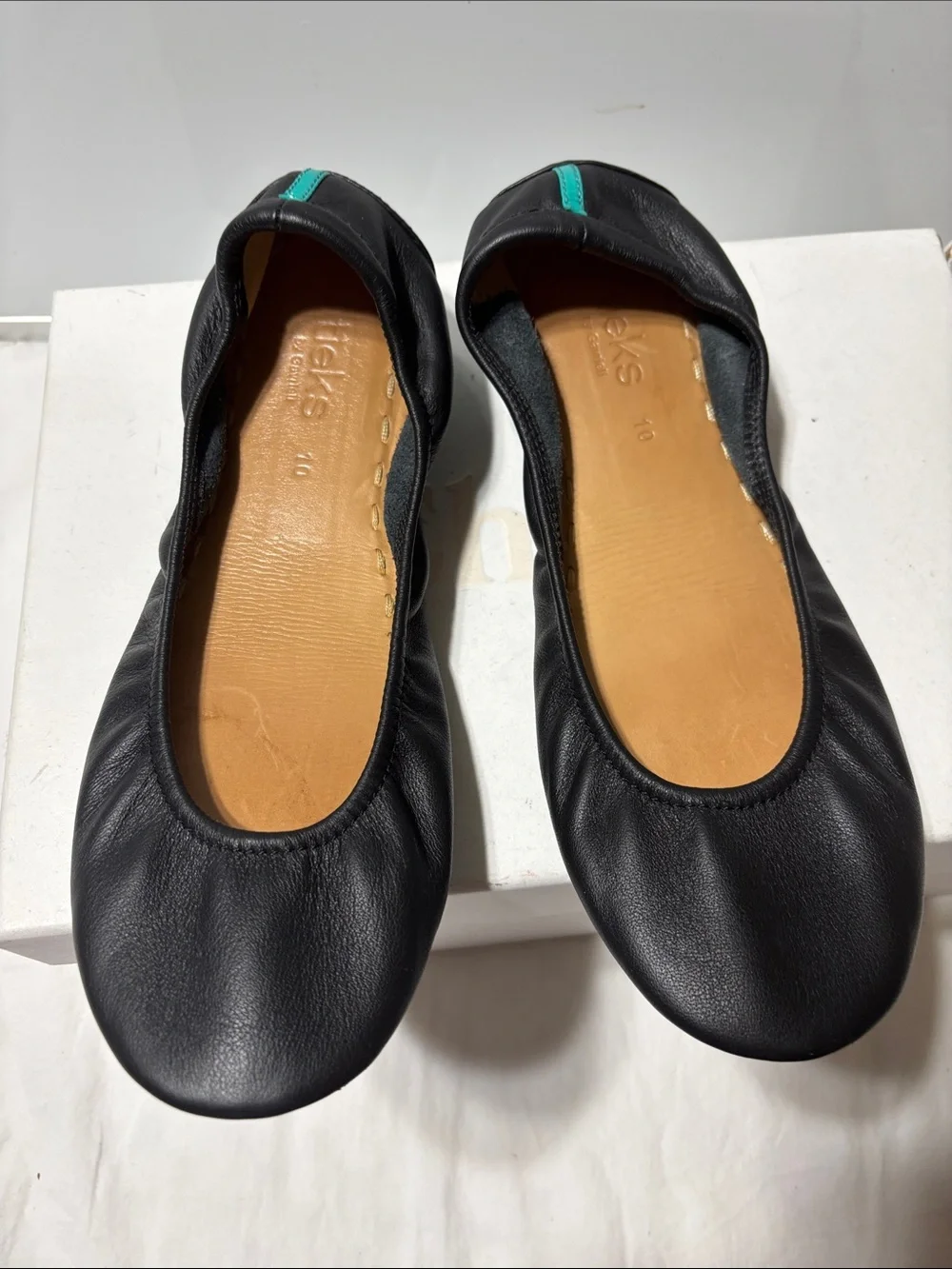 Tieks Black Leather Ballet Flats with Teal Heel Tab - Picture 1 of 7